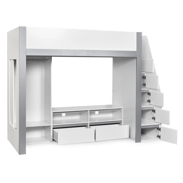 Julian Bowen Gaia High Sleeper Wooden Storage Bed with Wardrobe, Shelving & Storage Ladder – White & Silver, 90 x 190cm Single - Sleek Furniture