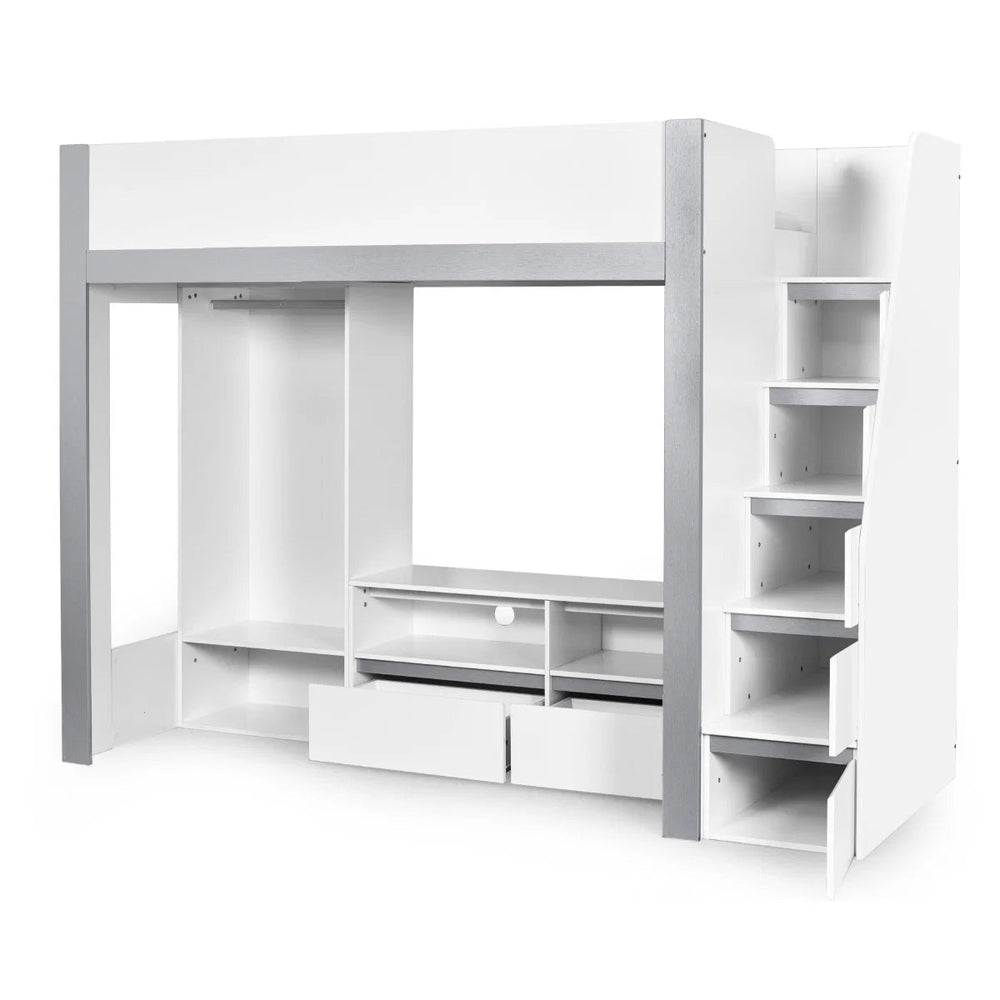 Julian Bowen Gaia High Sleeper Wooden Storage Bed with Wardrobe, Shelving & Storage Ladder – White & Silver, 90 x 190cm Single - Sleek Furniture