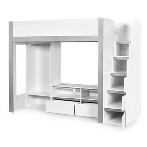 Julian Bowen Gaia High Sleeper Wooden Storage Bed with Wardrobe, Shelving & Storage Ladder – White & Silver, 90 x 190cm Single - Sleek Furniture