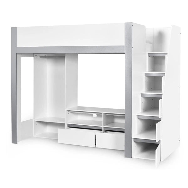 Julian Bowen Gaia High Sleeper Wooden Storage Bed with Wardrobe, Shelving & Storage Ladder – White & Silver, 90 x 190cm Single - Sleek Furniture
