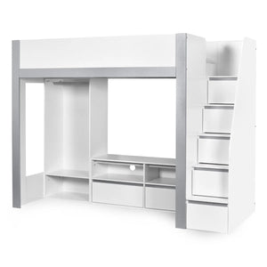 Julian Bowen Gaia High Sleeper Wooden Storage Bed with Wardrobe, Shelving & Storage Ladder – White & Silver, 90 x 190cm Single - Sleek Furniture