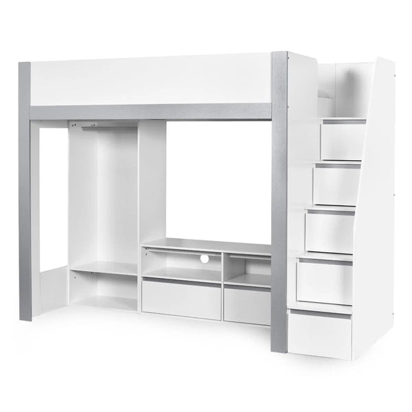 Julian Bowen Gaia High Sleeper Wooden Storage Bed with Wardrobe, Shelving & Storage Ladder – White & Silver, 90 x 190cm Single - Sleek Furniture