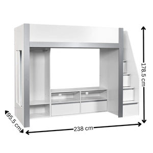 Julian Bowen Gaia High Sleeper Wooden Storage Bed with Wardrobe, Shelving & Storage Ladder – White & Silver, 90 x 190cm Single - Sleek Furniture