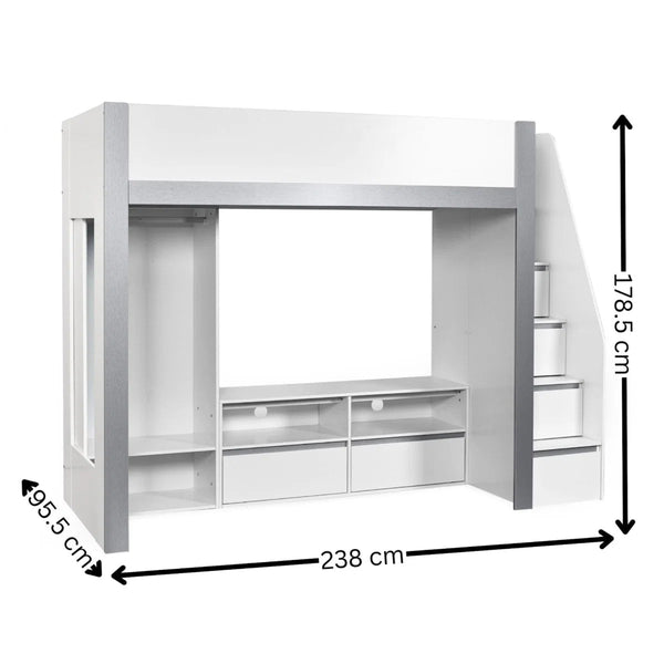 Julian Bowen Gaia High Sleeper Wooden Storage Bed with Wardrobe, Shelving & Storage Ladder – White & Silver, 90 x 190cm Single - Sleek Furniture