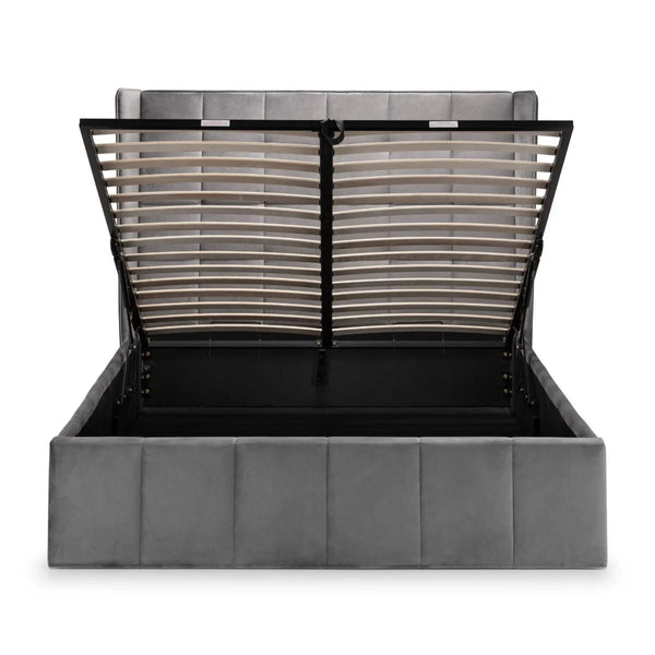 Julian Bowen Gatsby Storage Ottoman Bed in Grey Velvet with Winged Headboard – Double - Sleek Furniture