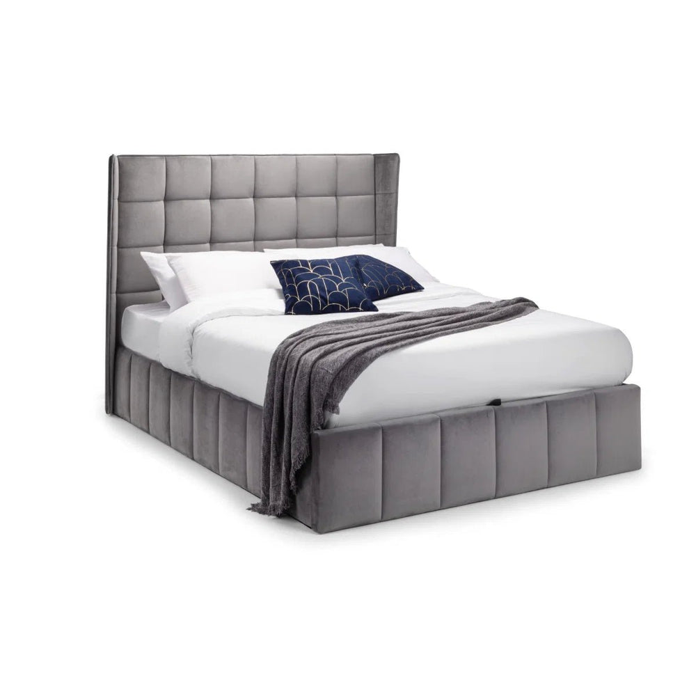 Julian Bowen Gatsby Storage Ottoman Bed in Grey Velvet with Winged Headboard – Double - Sleek Furniture