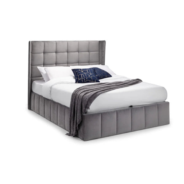 Julian Bowen Gatsby Storage Ottoman Bed in Grey Velvet with Winged Headboard – Double - Sleek Furniture