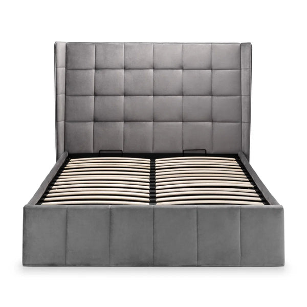 Julian Bowen Gatsby Storage Ottoman Bed in Grey Velvet with Winged Headboard – Double - Sleek Furniture
