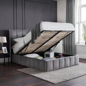 Julian Bowen Gatsby Storage Ottoman Bed in Grey Velvet with Winged Headboard – Double - Sleek Furniture