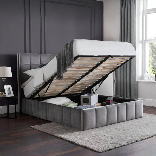 Julian Bowen Gatsby Storage Ottoman Bed in Grey Velvet with Winged Headboard – Double - Sleek Furniture