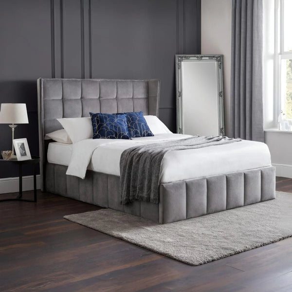 Julian Bowen Gatsby Storage Ottoman Bed in Grey Velvet with Winged Headboard – Double - Sleek Furniture