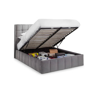 Julian Bowen Gatsby Storage Ottoman Bed in Grey Velvet with Winged Headboard – Double - Sleek Furniture