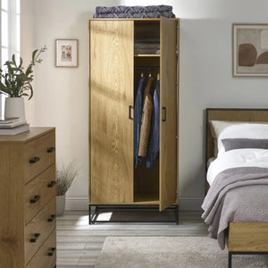 Julian Bowen Harlow 2 Door Wardrobe in Light Oak Effect with Hanging Rail, Storage Shelf & Black Recessed Handles - Sleek Furniture