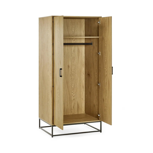 Julian Bowen Harlow 2 Door Wardrobe in Light Oak Effect with Hanging Rail, Storage Shelf & Black Recessed Handles - Sleek Furniture