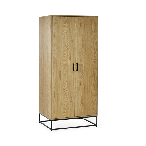 Julian Bowen Harlow 2 Door Wardrobe in Light Oak Effect with Hanging Rail, Storage Shelf & Black Recessed Handles - Sleek Furniture