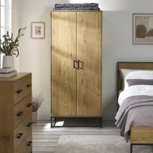 Julian Bowen Harlow 2 Door Wardrobe in Light Oak Effect with Hanging Rail, Storage Shelf & Black Recessed Handles - Sleek Furniture