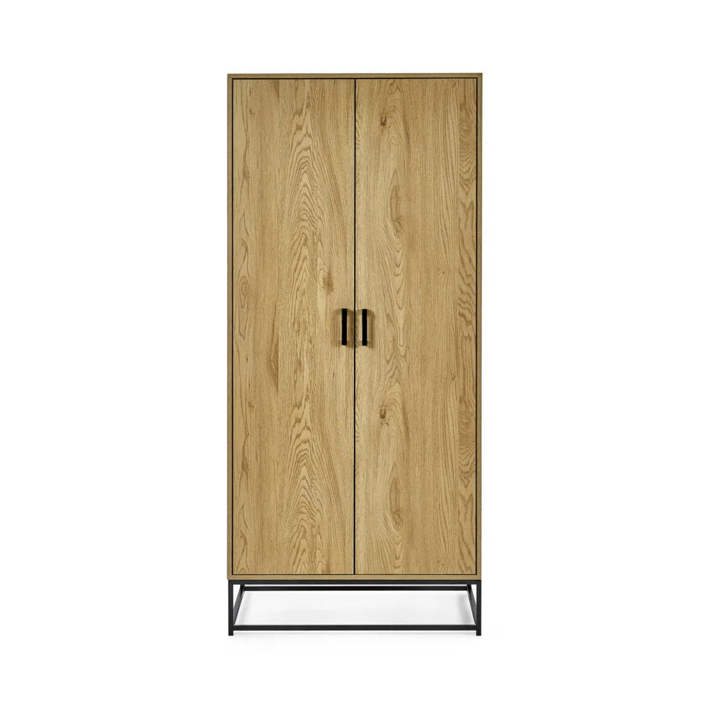 Julian Bowen Harlow 2 Door Wardrobe in Light Oak Effect with Hanging Rail, Storage Shelf & Black Recessed Handles - Sleek Furniture