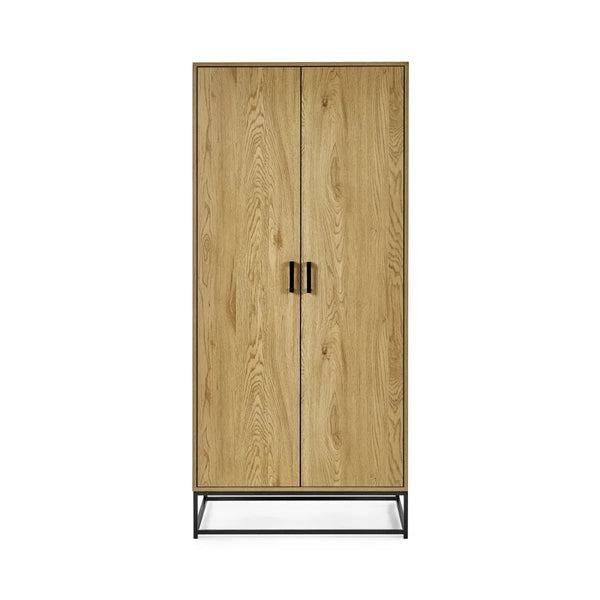 Julian Bowen Harlow 2 Door Wardrobe in Light Oak Effect with Hanging Rail, Storage Shelf & Black Recessed Handles - Sleek Furniture