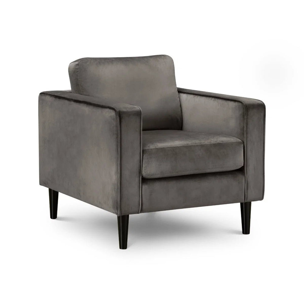 Julian Bowen Hayward Velvet Armchair – Contemporary Upholstered Accent Chair with Deep Pile Grey Velvet & Choice of Black or Light Oak Legs - Sleek Furniture