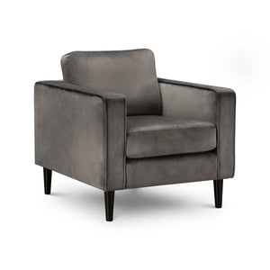 Julian Bowen Hayward Velvet Armchair – Contemporary Upholstered Accent Chair with Deep Pile Grey Velvet & Choice of Black or Light Oak Legs - Sleek Furniture