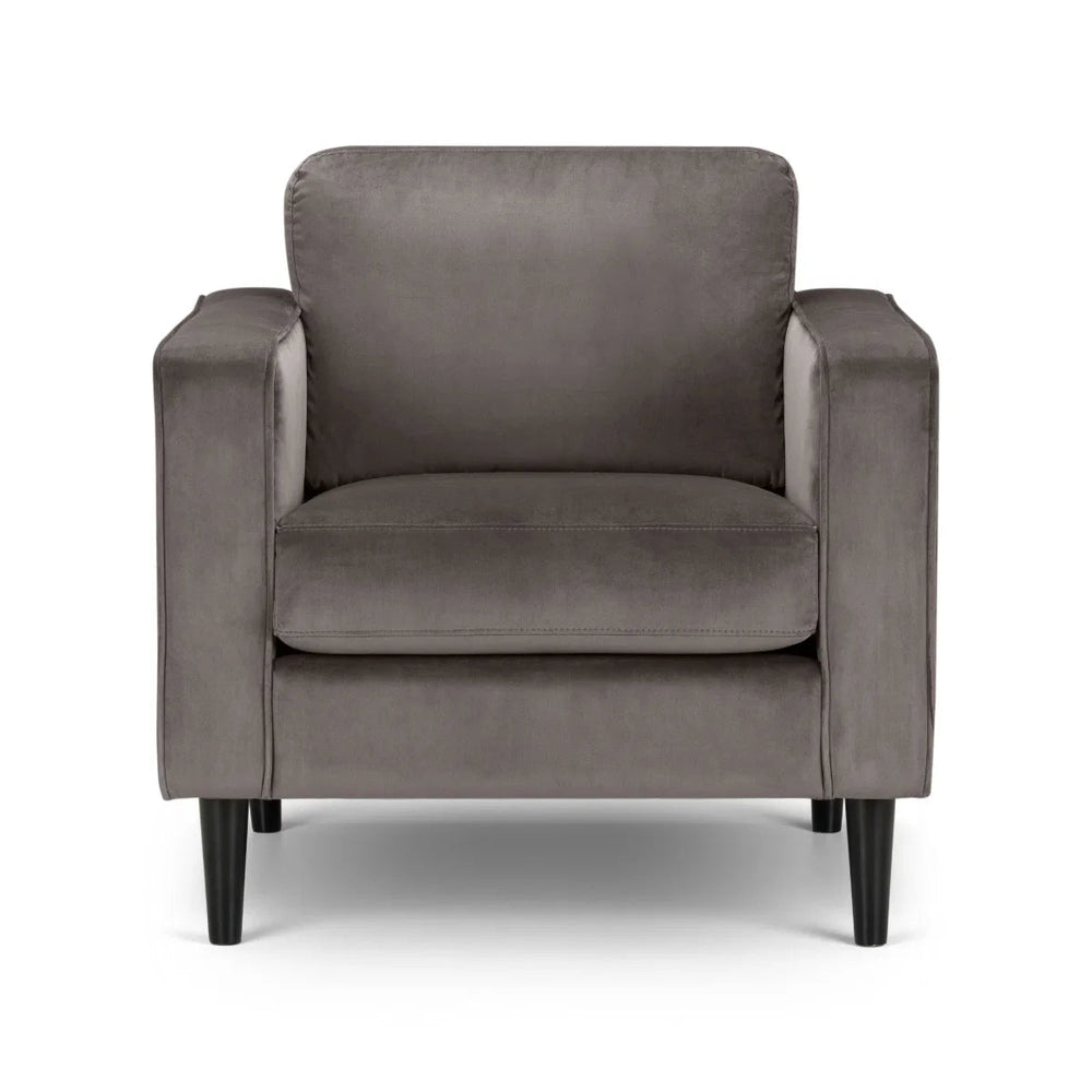 Julian Bowen Hayward Velvet Armchair – Contemporary Upholstered Accent Chair with Deep Pile Grey Velvet & Choice of Black or Light Oak Legs - Sleek Furniture