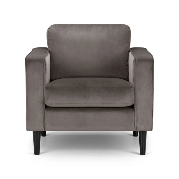 Julian Bowen Hayward Velvet Armchair – Contemporary Upholstered Accent Chair with Deep Pile Grey Velvet & Choice of Black or Light Oak Legs - Sleek Furniture