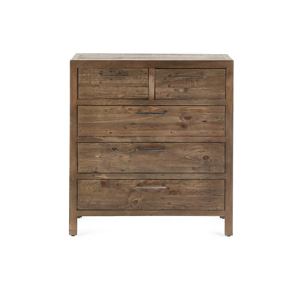Julian Bowen Heritage 3+2 Drawer Chest – Reclaimed Wood Bedroom Storage Chest with Distressed Rustic Finish & Industrial Metal Handles - Sleek Furniture