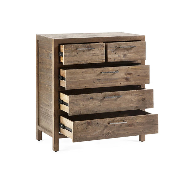 Julian Bowen Heritage 3+2 Drawer Chest – Reclaimed Wood Bedroom Storage Chest with Distressed Rustic Finish & Industrial Metal Handles - Sleek Furniture