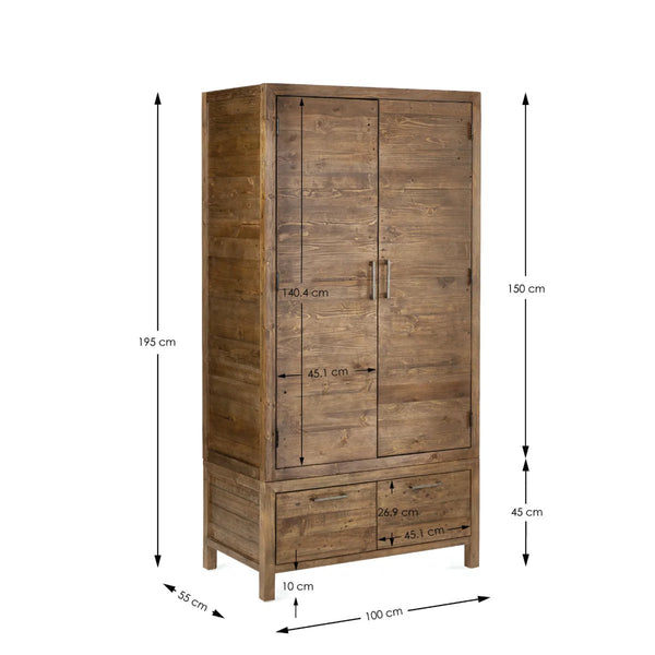 Julian Bowen Heritage Reclaimed Wood 2 Door 1 Drawer Wardrobe with Industrial Metal Handles - Sleek Furniture