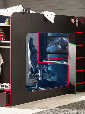 Julian Bowen Impact Gaming Bunk Bed with Desk, Storage Shelves & Hanging Rail – Black & Red - Sleek Furniture