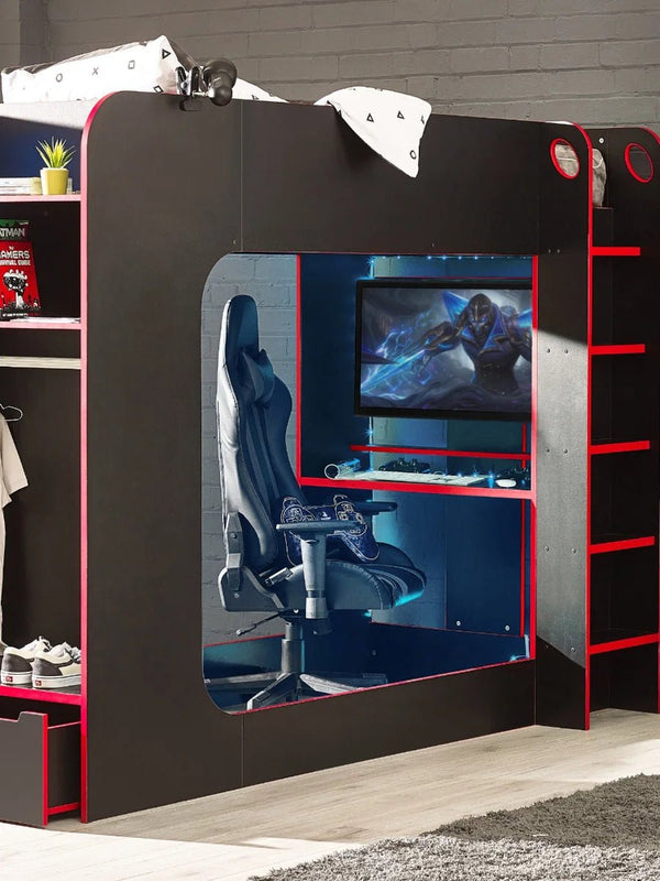 Julian Bowen Impact Gaming Bunk Bed with Desk, Storage Shelves & Hanging Rail – Black & Red - Sleek Furniture