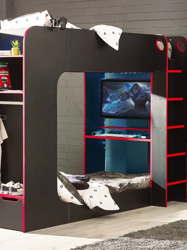 Julian Bowen Impact Gaming Bunk Bed with Desk, Storage Shelves & Hanging Rail – Black & Red - Sleek Furniture