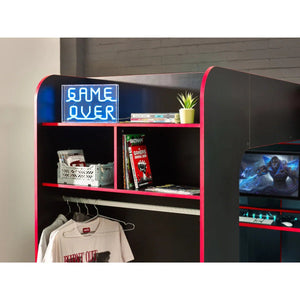 Julian Bowen Impact Gaming Bunk Bed with Desk, Storage Shelves & Hanging Rail – Black & Red - Sleek Furniture