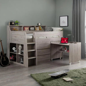 Julian Bowen Jupiter Mid Sleeper Bed with Pull-Out Desk, Storage Drawers, Shelving & Bookcase – White, Grey Oak or Anthracite – UK Single (90 x 190cm) - Sleek Furniture