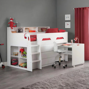 Julian Bowen Jupiter Mid Sleeper Bed with Pull-Out Desk, Storage Drawers, Shelving & Bookcase – White, Grey Oak or Anthracite – UK Single (90 x 190cm) - Sleek Furniture