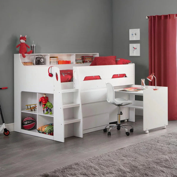 Julian Bowen Jupiter Mid Sleeper Bed with Pull-Out Desk, Storage Drawers, Shelving & Bookcase – White, Grey Oak or Anthracite – UK Single (90 x 190cm) - Sleek Furniture