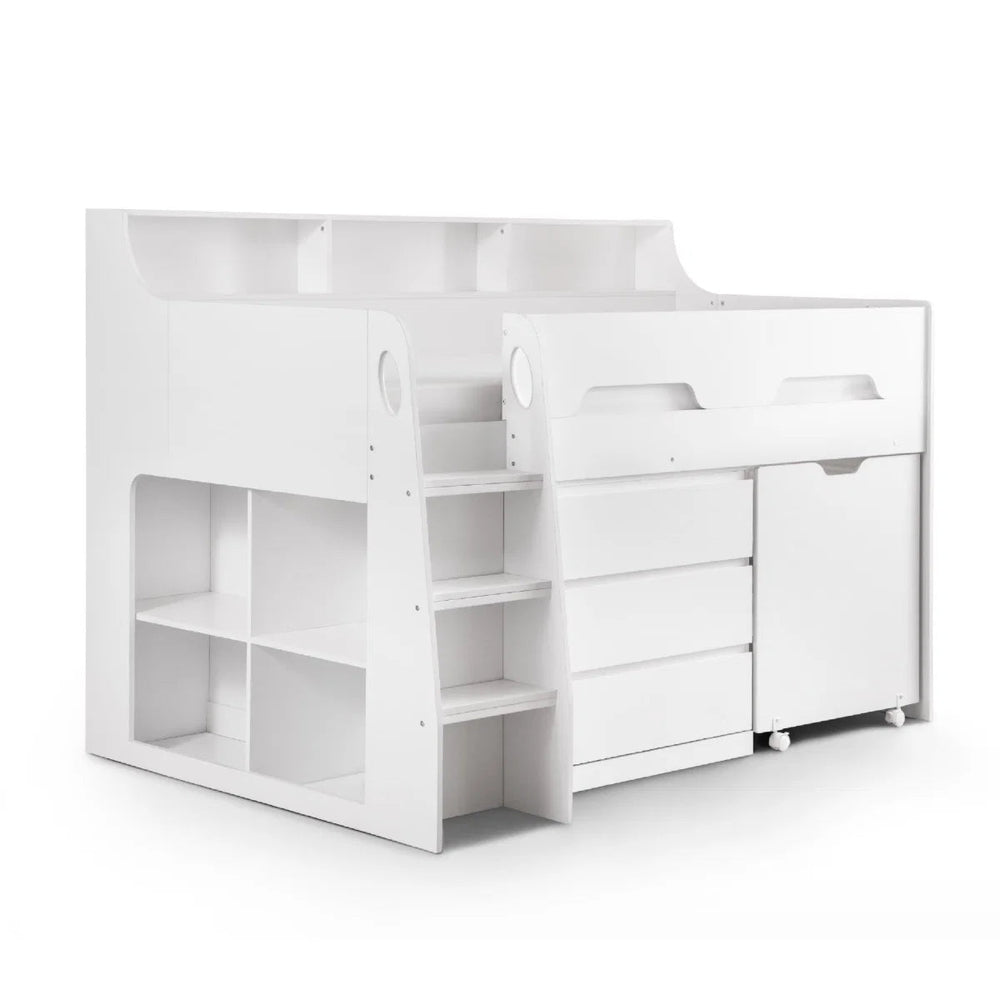 Julian Bowen Jupiter Mid Sleeper Bed with Pull-Out Desk, Storage Drawers, Shelving & Bookcase – White, Grey Oak or Anthracite – UK Single (90 x 190cm) - Sleek Furniture