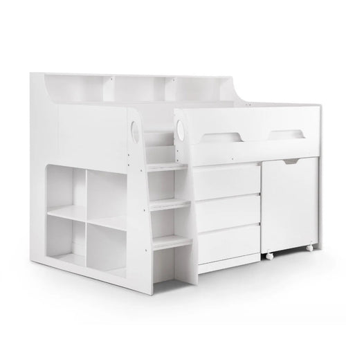 Julian Bowen Jupiter Mid Sleeper Bed with Pull-Out Desk, Storage Drawers, Shelving & Bookcase – White, Grey Oak or Anthracite – UK Single (90 x 190cm) - Sleek Furniture