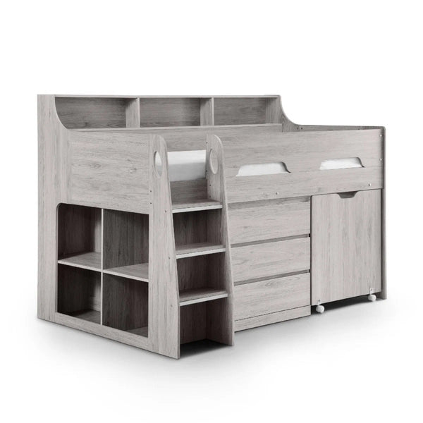 Julian Bowen Jupiter Mid Sleeper Bed with Pull-Out Desk, Storage Drawers, Shelving & Bookcase – White, Grey Oak or Anthracite – UK Single (90 x 190cm) - Sleek Furniture
