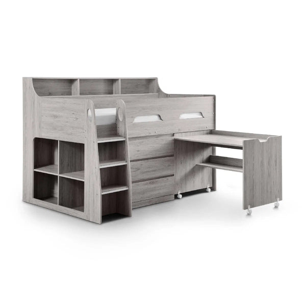 Julian Bowen Jupiter Mid Sleeper Bed with Pull-Out Desk, Storage Drawers, Shelving & Bookcase – White, Grey Oak or Anthracite – UK Single (90 x 190cm) - Sleek Furniture