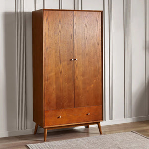 Julian Bowen Lowry 2 Door 1 Drawer Retro Wooden Wardrobe with Hanging Rail & Storage Drawer – Cherry Ash Veneer Finish - Sleek Furniture