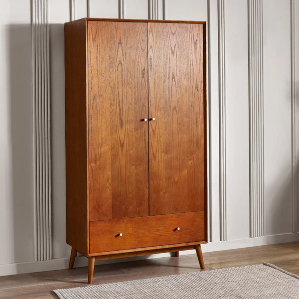 Julian Bowen Lowry 2 Door 1 Drawer Retro Wooden Wardrobe with Hanging Rail & Storage Drawer – Cherry Ash Veneer Finish - Sleek Furniture