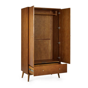 Julian Bowen Lowry 2 Door 1 Drawer Retro Wooden Wardrobe with Hanging Rail & Storage Drawer – Cherry Ash Veneer Finish - Sleek Furniture