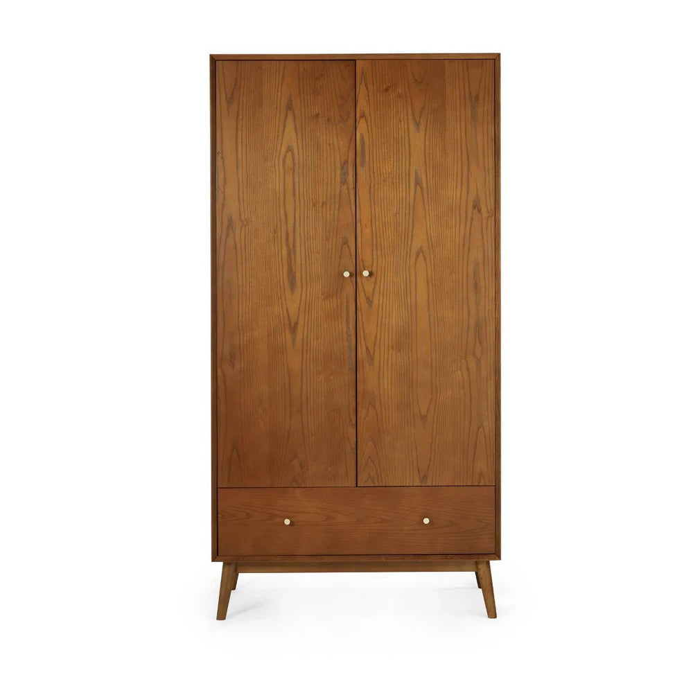 Julian Bowen Lowry 2 Door 1 Drawer Retro Wooden Wardrobe with Hanging Rail & Storage Drawer – Cherry Ash Veneer Finish - Sleek Furniture