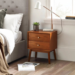 Julian Bowen Lowry 2 Drawer Bedside Table – Retro Cherry Ash Veneer Nightstand with Gold Knobs & Tapered Legs - Sleek Furniture