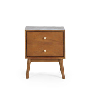 Julian Bowen Lowry 2 Drawer Bedside Table – Retro Cherry Ash Veneer Nightstand with Gold Knobs & Tapered Legs - Sleek Furniture