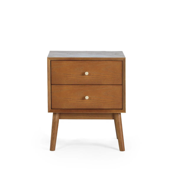 Julian Bowen Lowry 2 Drawer Bedside Table – Retro Cherry Ash Veneer Nightstand with Gold Knobs & Tapered Legs - Sleek Furniture
