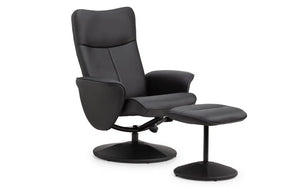 Julian Bowen Lugano Recliner Chair & Footstool with Covered Swivel Base – Black Faux Leather - Sleek Furniture