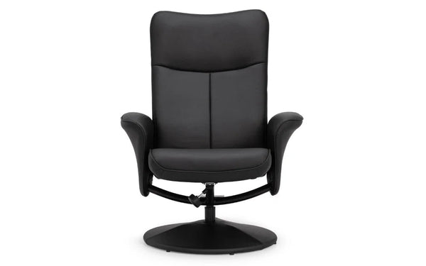 Julian Bowen Lugano Recliner Chair & Footstool with Covered Swivel Base – Black Faux Leather - Sleek Furniture