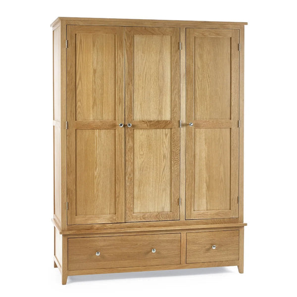 Julian Bowen Mallory 3 Door Oak Wardrobe with 2 Drawers – Solid Oak & Oak Veneers Bedroom Storage - Sleek Furniture